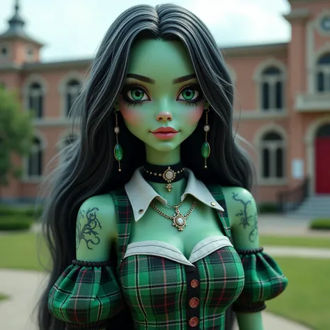 A natural mint green female, with long wavy black hair with white streaks, with some stitches on her, lashes, tattoos, plump lips, flawless eyebrows, diamond chain, a green and black plaid minidress with a white collar and puffy fishnet sleeves, with a sew...