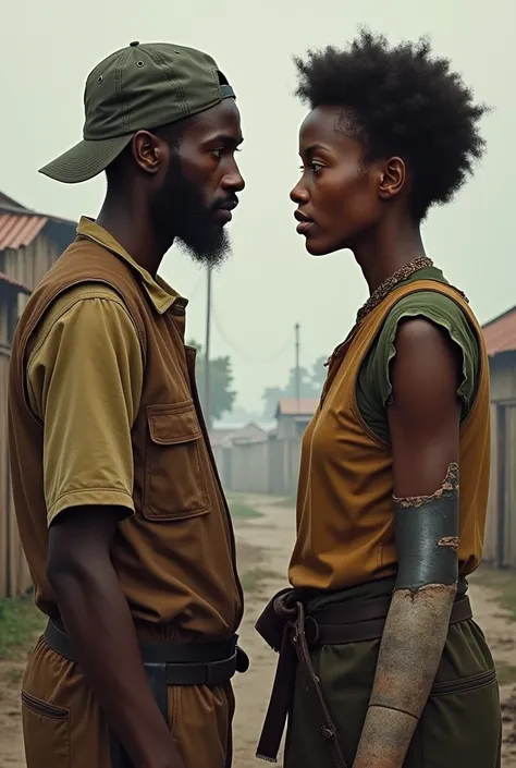 2 people from Congo, one with an amputated hand, looking at each other 