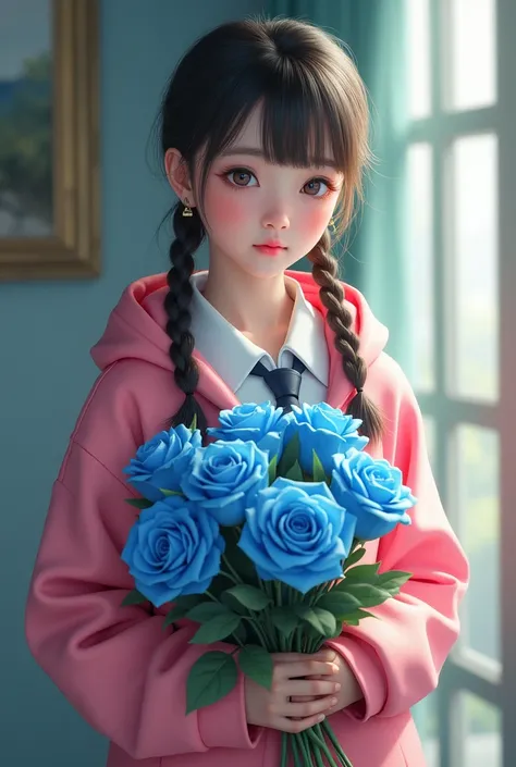 A girl with two braids wearing a Thai student uniform with no buttons at the collar, wearing a pink hoodie, holding a bouquet of blue roses, looking straight ahead, with a light shining on her head, realistic. 