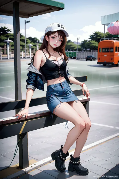 realistic anime illustration of beautiful woman is posing at bus stop, she has black long hair (+forehead, white cap), wears navy-blue denim jacket, black and white crop camisole, blue-gray denim pencil mini skirt, black ankle boots, (1girl, solo, full bod...