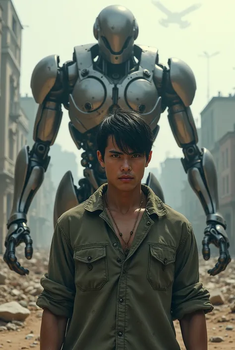 Medium build male with short black hair and Humanoid robot male with an Apocalyptic background 