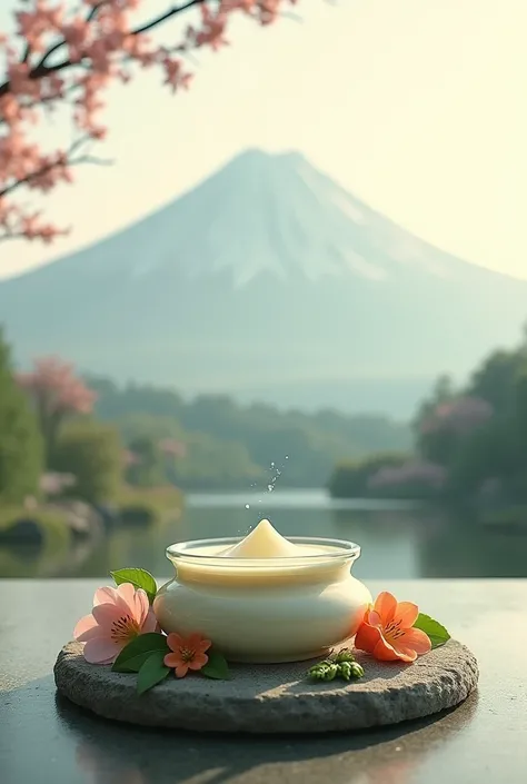 Pour une affiche inspirée par la culture japonaise, avec une touche doriginalité et un lieu unique, imaginez le pot de crème en verre placé dans un jardin zen, au pied du célèbre Mont Fuji. Le pot serait délicatement posé sur une pierre plate et lisse, ent...