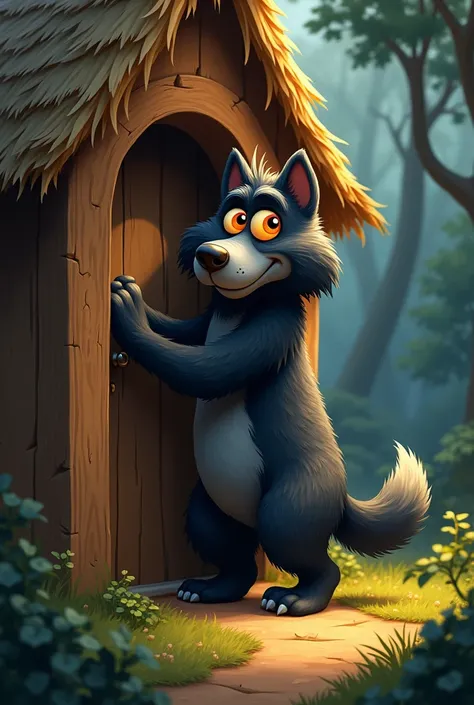 A whimsical, tall cartoonish furry black wolf named Grizzle with large, expressive orange eyes, grey snout, grey whiskers and belly and exaggerated facial features laughing and knocking the wooden door of a straw house. The overall style is highly detailed...