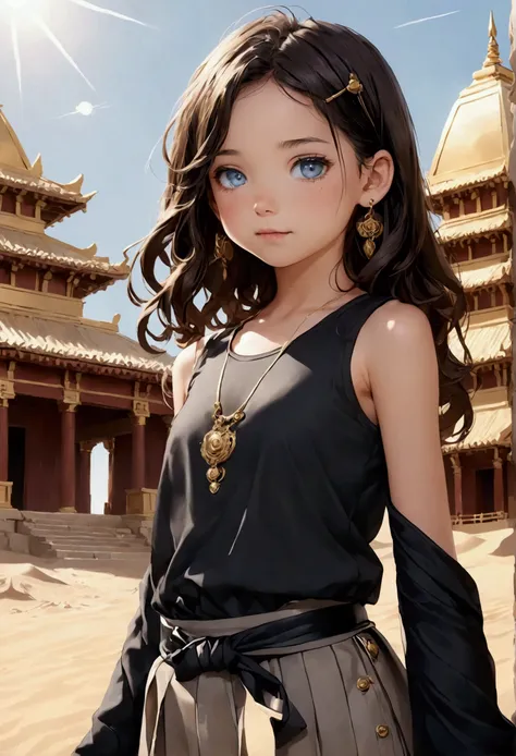 Child girl with delicate features, thin but cute face, light white skin with a slight blush, light blue eyes, long, slightly wavy brown hair, shes wearing a dark-toned clothing, a gray sleeveless t-shirt with some gold buttons over a long-sleeved, slightly...