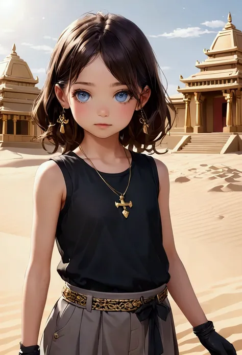 Child girl with delicate features, thin but cute face, light white skin with a slight blush, light blue eyes, long, slightly wavy brown hair, shes wearing a dark-toned clothing, a gray sleeveless t-shirt with some gold buttons over a long-sleeved, slightly...