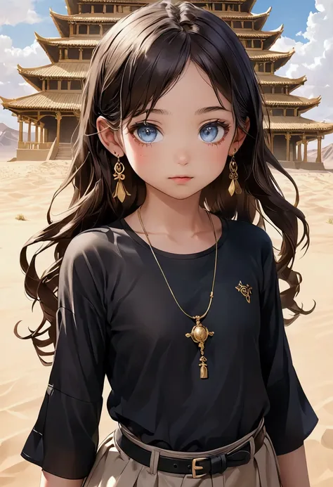 Child girl with delicate features, thin but cute face, light white skin with a slight blush, light blue eyes, long, slightly wavy brown hair, shes wearing a dark-toned clothing, a gray sleeveless t-shirt with some gold buttons over a long-sleeved, slightly...