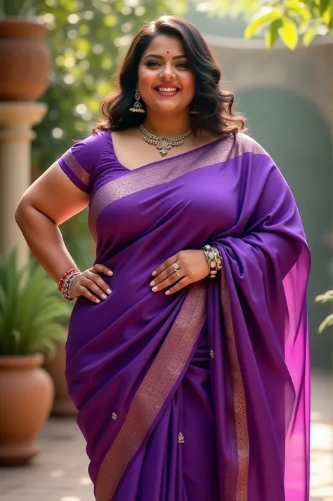 Chubby girl in violet saree