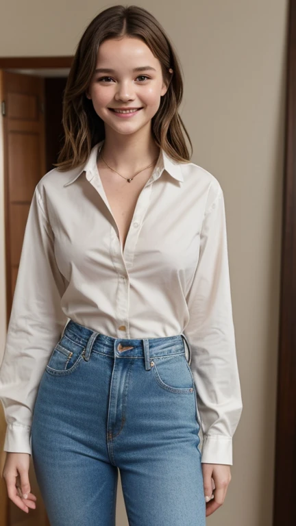 Cailee Spaeny wearing plain long sleeve shirt and skinny jeans, cleavage and smiling