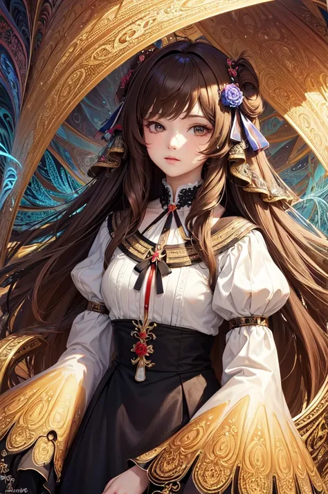 (masterpiece, top quality, best quality, official art, beautiful and aesthetic:1.2), (1girl), extreme detailed,(fractal art:1.3),colorful,highest detailedLong Hair, Brown Hair, Ribbon, Best Quality, 