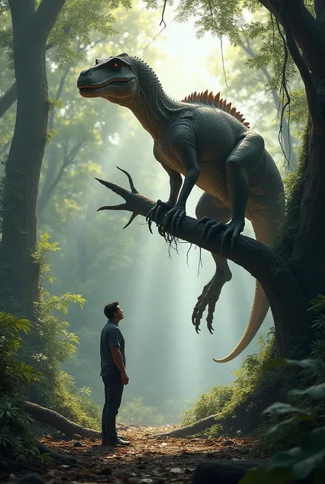 A dinosaur sitting on a tree and a man see