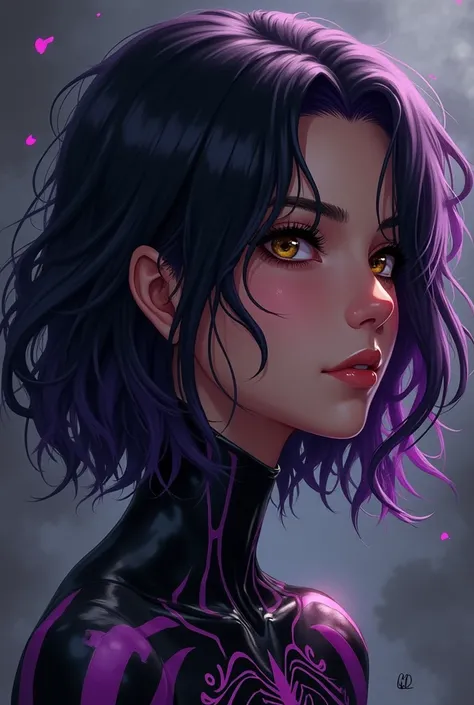 create me a venom and anime theme. the woman has brown skin. brown eyes. medium length black and the purple roots for her hair. make the picture a profile picture 