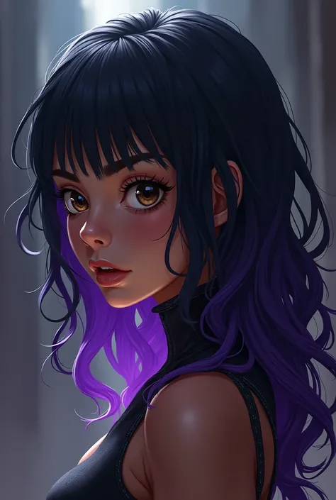 create me a venom and anime theme. the woman has brown skin. brown eyes. medium length black and the purple roots for her hair. make the picture a profile picture 