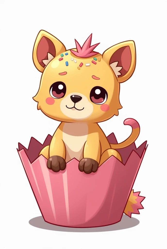 Make a cute chibi style hyena made out of cupcake, pink cupcake frosting tail, sitting inside a cupcake wrapper, sprinkles on back, High Resolution, Masterpiece, Best Quality, Accurate, Super Detailed, 