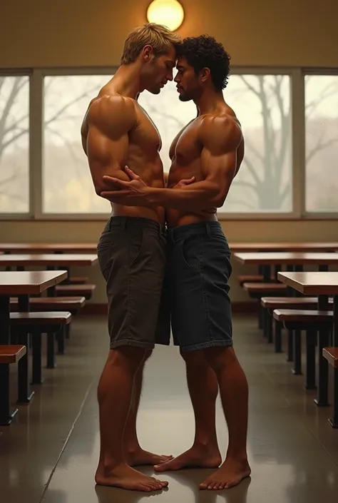 2 man fucking lying on the floor side  style, in a cafeteria, tall, very handsome, muscular, blond, masculine boy, ((shirless, pantless, barefoot)), erected penis, blond pubic hair, confident and masculine appearance  is fucking to   a young Latino man, ((...