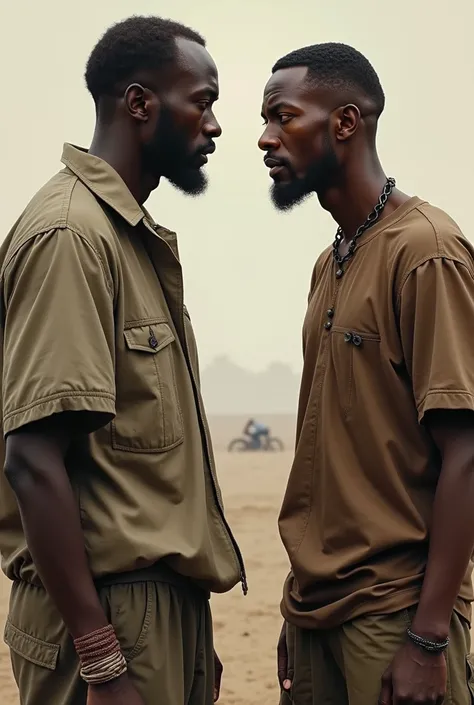 2 people from Congo, one with an amputated hand, looking at each other 