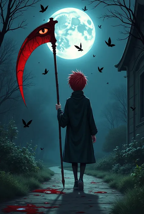 a  boy realistic manga style, de 1,75 metros de altura, front with red hair, half human and dragon, with well mixed characteristics, leaving with a saddened, thoughtful expression but aware that he had fulfilled his mission, with an angelic scythe with hum...