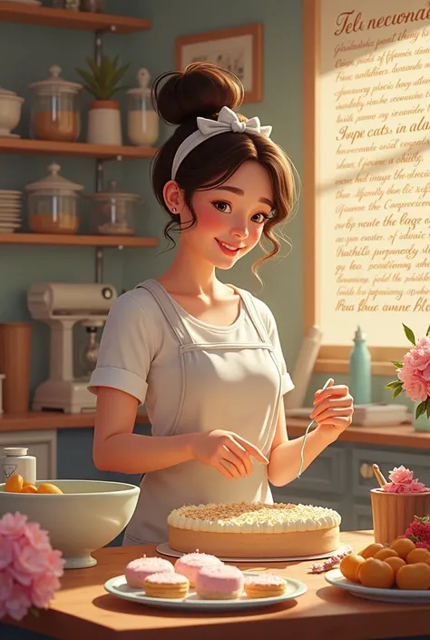 make it look like she&#39;s making desserts. and also in the background the inscription should be visible in full and not just part of the inscription