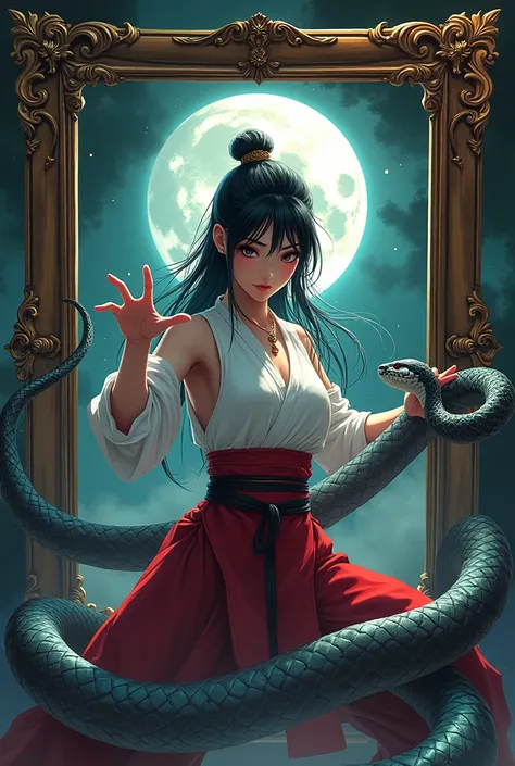 A picture frame that depicts an anime woman studying martial arts in Murime, her martial arts are related to poison and there is a snake on it
