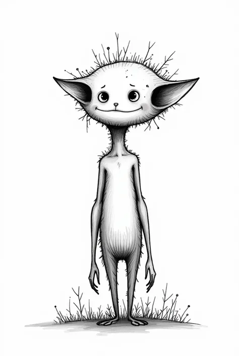 A black and white image of a not human original character character in a doodle style. The image should be in a simple, hand-drawn doodle style, with clean lines, and a slightly rough, whimsical aesthetic.