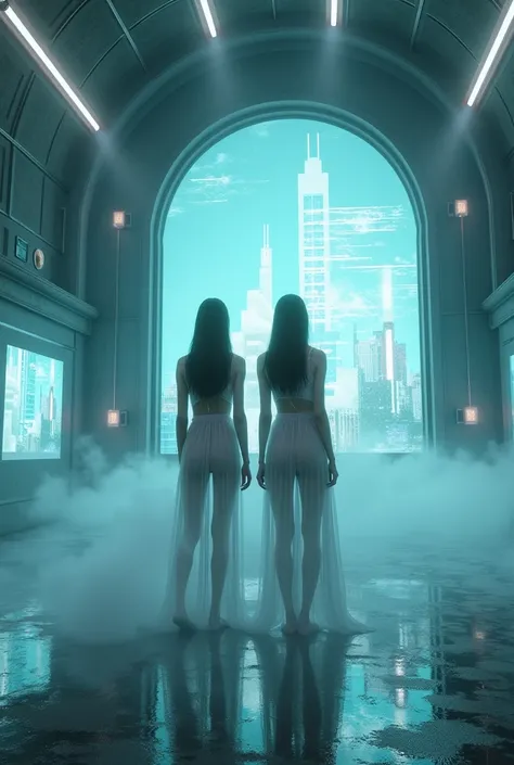 (masterpiece:1.2, Exceptional Quality, mirror-like, Cinematic Experience, Photorealistic:2.0, RAW Photos:2.0, Super detailed), 8k, 16:9, wallpaper, (In a surreal, cyberpunk-inspired landscape:2.0), (two ethereal women in translucent, futuristic attire:2.0)...