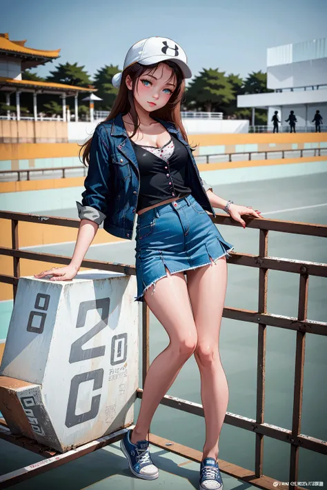 realistic anime illustration of beautiful woman is posing at sport arena, leaning against fence rail, she has black long hair (+forehead, white cap), wears navy-blue denim jacket, gray singlet, pastel azure-blue denim pencil mini skirt, white sneakers, (1g...