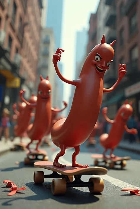 Several devilish sausages skateboarding downhill through the city 