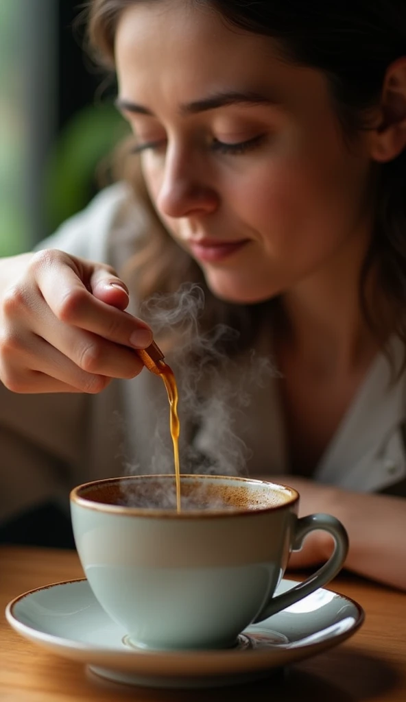 A slow pour of coffee into a cup, ending with someone taking a sip, savoring the moment.