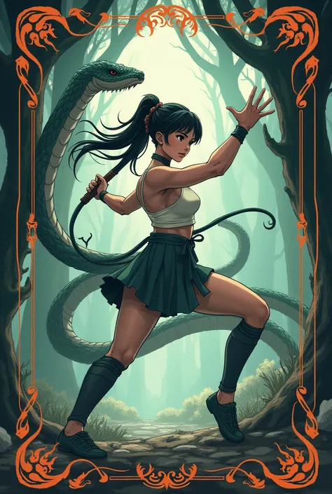 A card frame that depicts an anime girl studying martial arts in Murime, her martial arts are related to poison and there is a snake on it
