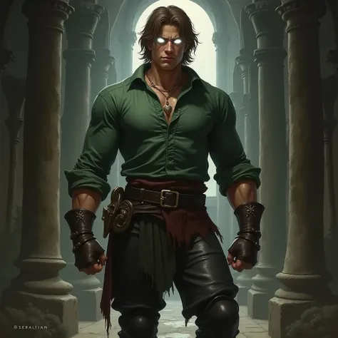 Young athletic man with medium light brown hair, white eyes like a blind man, medieval clothing green peasant blouse black leather pants and brown boots in gothic art 