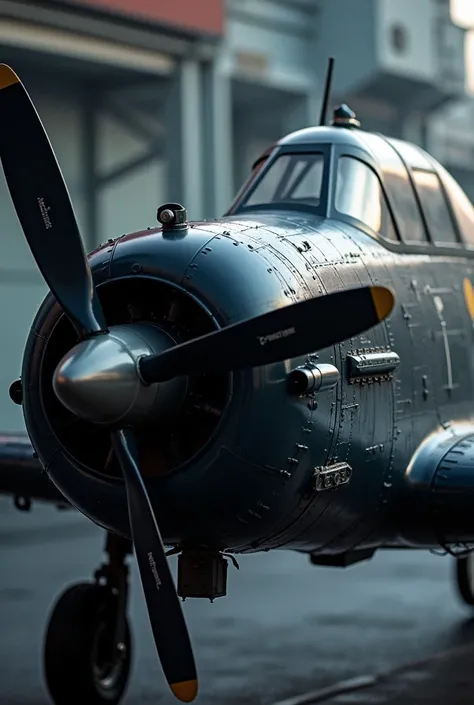 A black Vought F4U Corsair plane with the wings stored