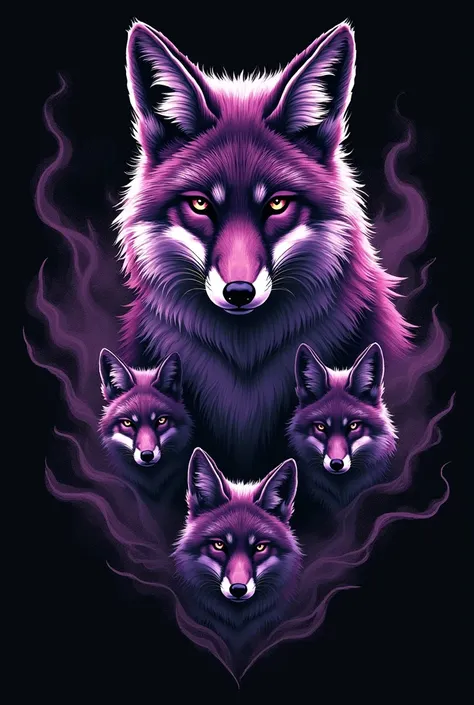 Create a Collab of different fox images, that the colors are purple, black and white, be a Collab emblem for a clan, serious and striking.