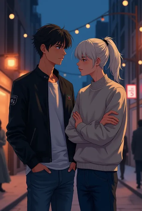 romanticism style. Handsome guy, dark hair, 19 years, Standing against the background of the city at night, hands in pockets, dressed in jeans and a leather jacket, next to him stands a handsome, cute guy with medium-length white hair tied in a ponytail at...