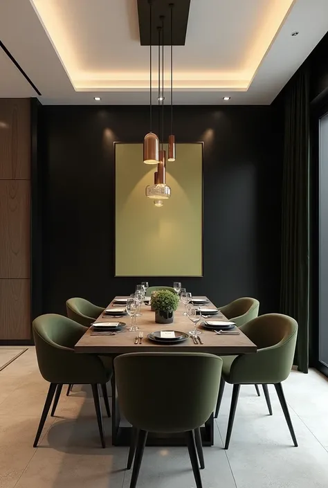 Professional 3D architectural rendering design of modern minimalist dining room with olive green and black color , photo realistic image, black wall, luxurious and minimalist dining room, lights on, nice light, symmetry in composition,  white lining. frame...