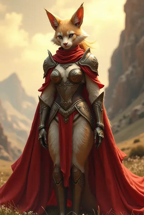 A furry girl wearing armor and a red cape