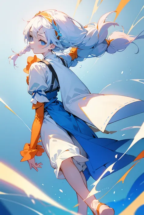 1 girl, orange sleeves, white hair, White skin, light blue hair accessories, blue suspenders, blue clothes, light blue eyes, barefoot, Double braids