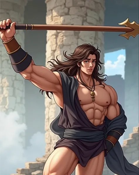 (Best Quality, 8k, Masterpiece :1.3), handsome young man with perfect figure and long hair :1.4, Zhong Li, Zhongli, Dark brown hair, inflated chest, genshin impact, on ruins, in the hands of a spear, Very detailed face and skin, Detailed eyes, Double eyeli...