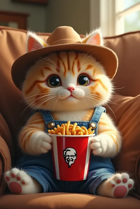  country ragdoll cat wearing blue overalls and wearing cowboy hat sitting in couch cat holding kfc chicken bucket