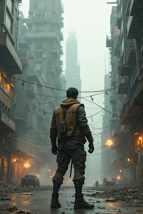 Panoramic view of future dystopian metropolis, score_9,score_8_up,  a person fighting pose wear, post apocalyptic clothing  steampunk,mechanical parts, reelmech, dron, (full-body view ), vihicule sppiner, realistic, lesther jacket old, army, gang, walk, ve...