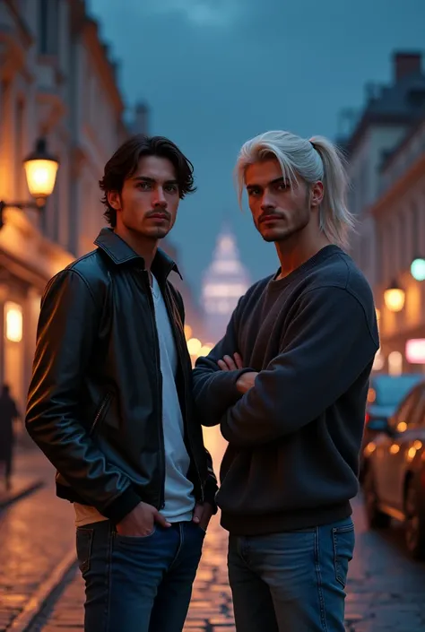 Renaissance style. Handsome guy, dark hair, 19 years, Standing against the background of the city at night, hands in pockets, dressed in jeans and a leather jacket, next to him stands a handsome, cute guy with medium-length white hair tied in a ponytail at...