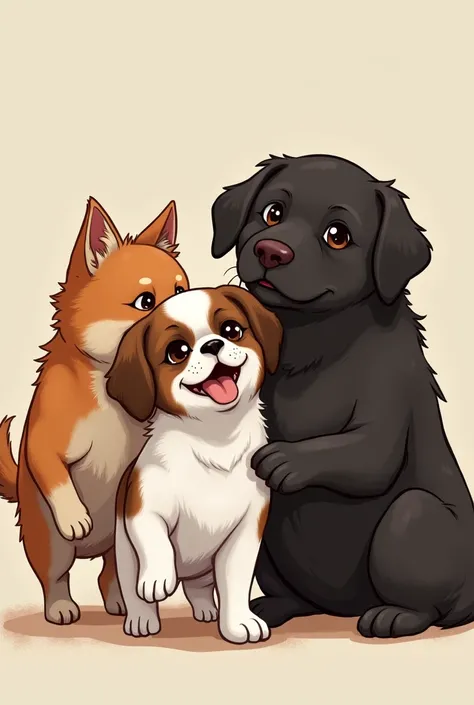 A white, brown and black Shih Tzu female dog playing with a larger female stray dog with raised ears and short hair and long legs that is a coppery mahogany brown color and a large black dog with one leg missing and brown spots on his eyes
