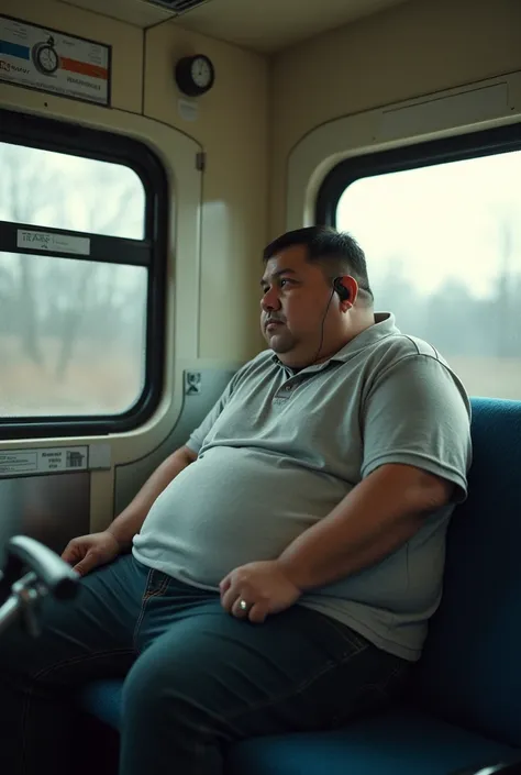 A white, tall,clean shaved, fat 25 years bangladeshi boy inside the boggy of train, bluetooth in ear, in Netherlands with his personal cycle beside