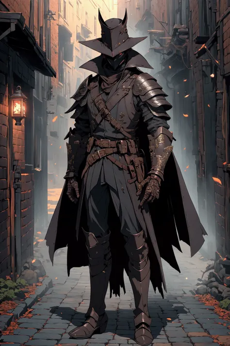 1man, young man, red eyes, seriuos eyes, mouth covered, nouse covered, gloves, belt, black coat, torn clothes, leather gauntlets, arms at sides, vambraces, tricorn, hunter, leather boots, hold a knife, Ultra-detailed body, (detailed body:1.3), Ultra-detail...