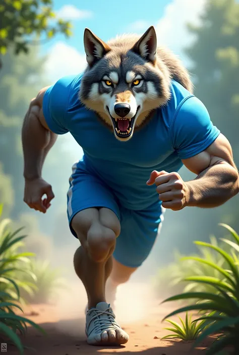 MUSCULAR WOLF IN A BLUE T-SHIRT AND SHORTS RUNNING 