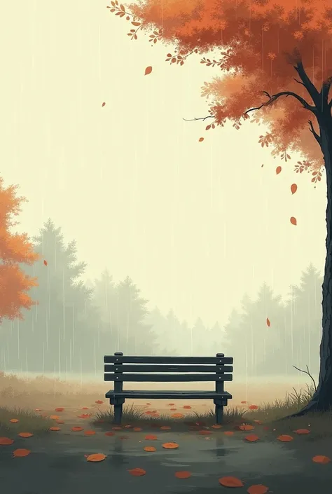 Make a simple digital drawing without making it look like AI of raining in autumn and a bench far away from the screen 