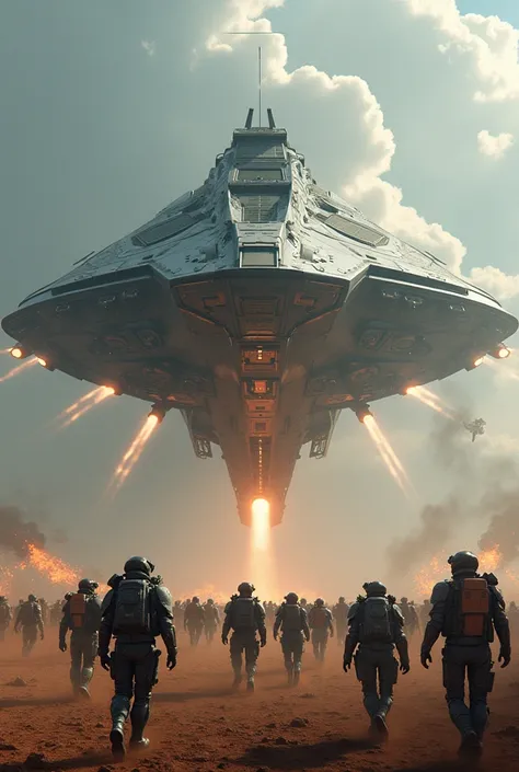 Huge military space ship floating above the ground as hundreds of soldiers exit with laser fire