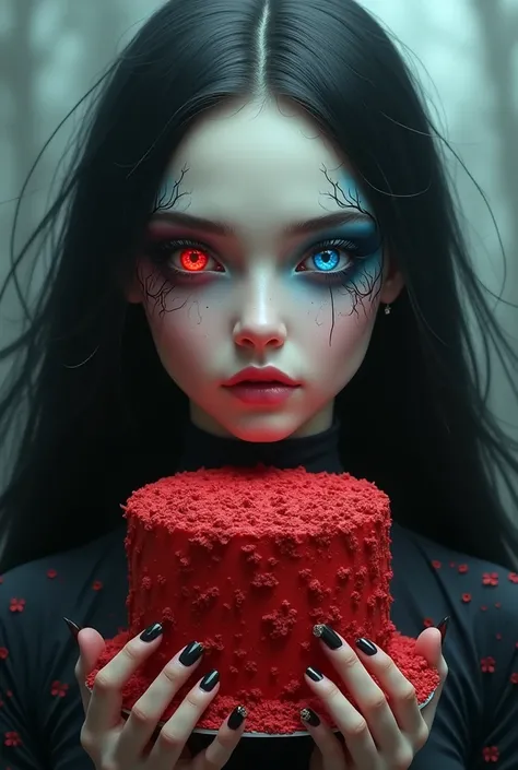 Red cake blue eyes two sisters black hair red eyes 