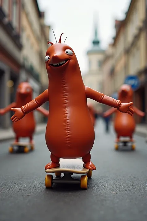 Several crazy sausages skateboarding around the city 