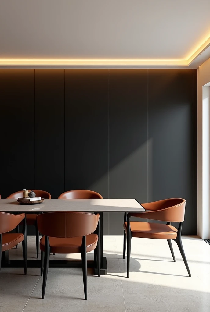 Professional 3D architectural rendering design of modern minimalist dining room with brown and black color , photo realistic image, black wall, luxurious and minimalist dining room, lights on, nice light, symmetry in composition,  white lining. frame in co...