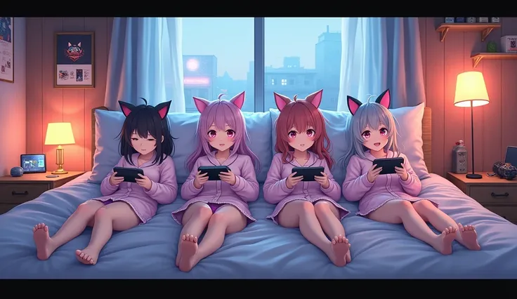 アニメ, four lying in bed with gamer headphones with cat ears headphones, playing on cell phone, with pajamas in a dress showing a little of her panties, expands the room, has to be a waifu, the room has to have that gamer style