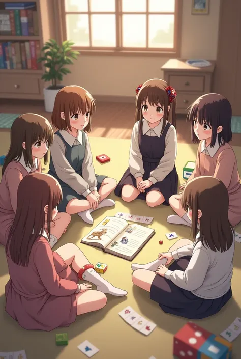 A drawing of girls sitting on the floor at home in a circle reading from a childrens book lying on the floor, and scattered around games.
The girls are dressed in a shirt with long sleeves and skirts below the knee or in dresses, and long socks